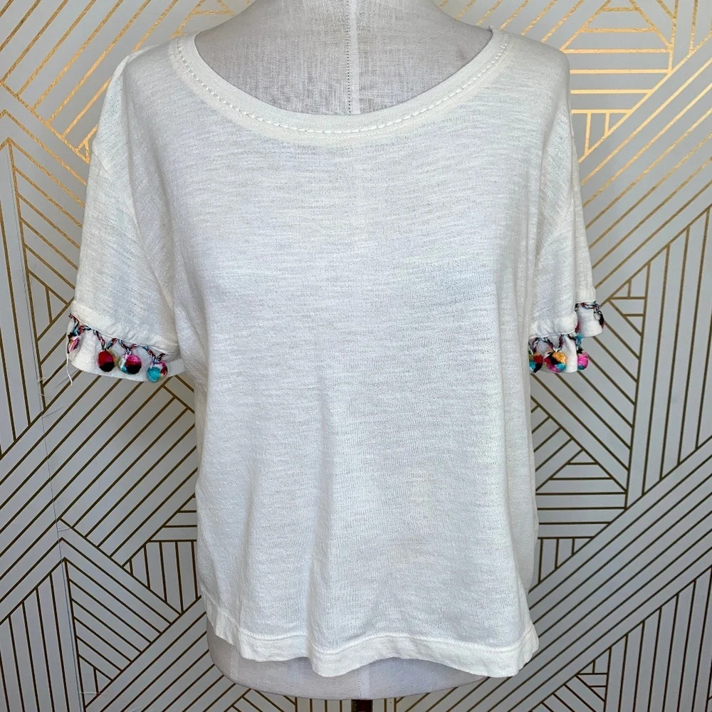 Anthropologie Lilka Pom Pom Tee Shirt Top Short Sleeve Cotton Ivory Size Small
